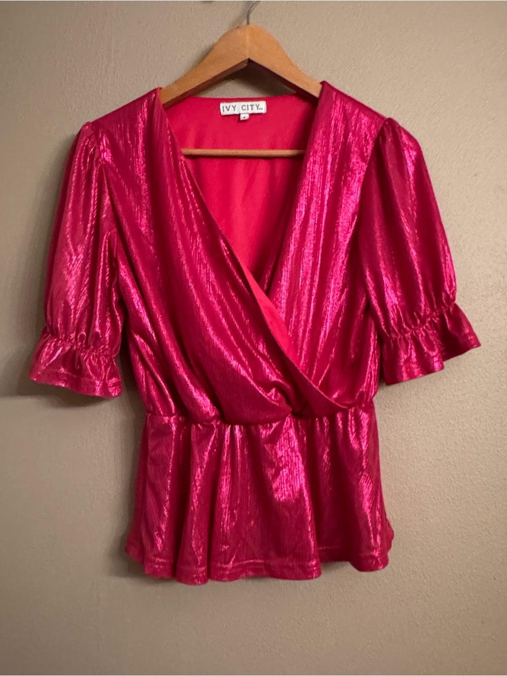 IVY CITY Pink Metallic Wrap Peplum Top